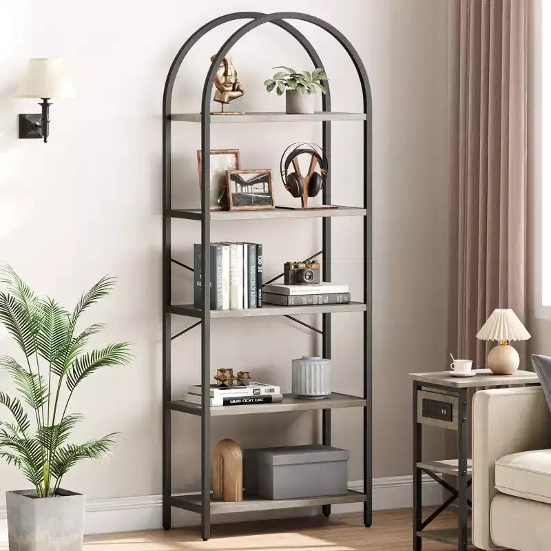 Bibliothèque à 5 niveaux, étagère en forme d'arche, grande étagère de rangement moderne en bois avec cadre en métal
