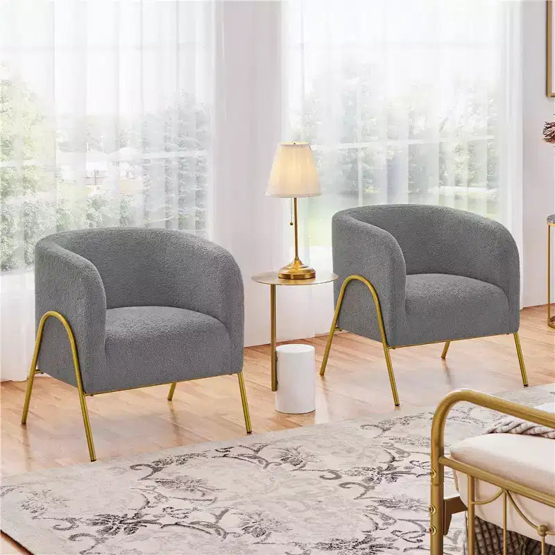 Lot de 2 fauteuils barillet avec pieds en métal doré pour salon ou chambre à coucher