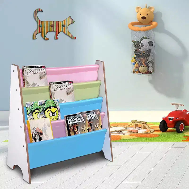 Étagère de rangement en bois pour enfants, présentoir à livres en noyer et blanc