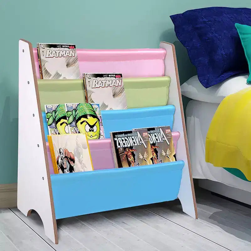 Étagère de rangement en bois pour enfants, présentoir à livres en noyer et blanc