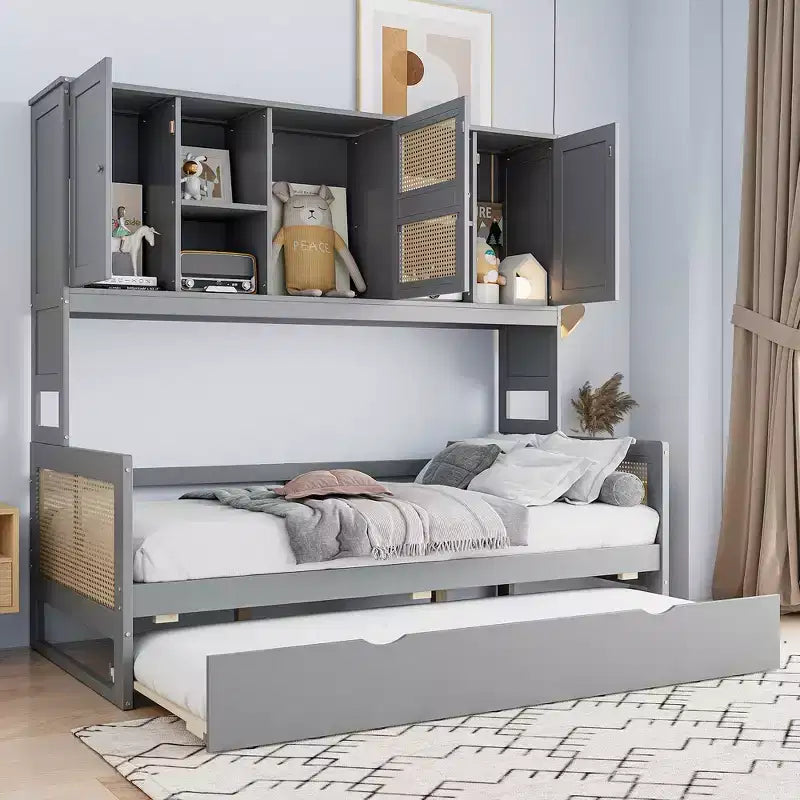 Lit de repos en bois double/complet avec lit gigogne, armoire de rangement intégrée et étagères, cadre de lit multifonctionnel pour enfants et invités, blanc/gris