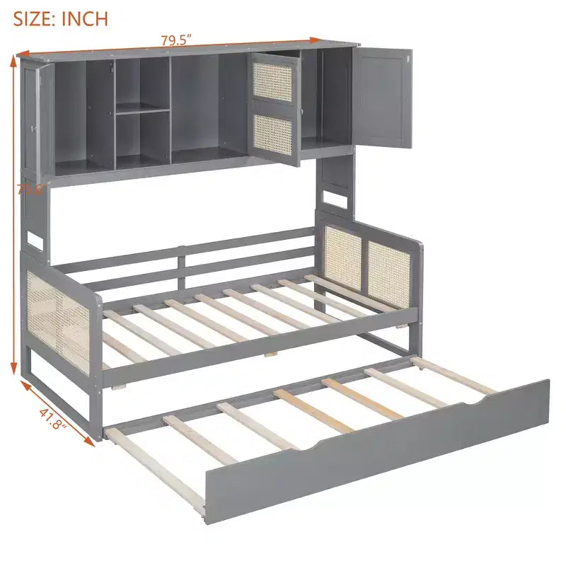 Lit de repos en bois double/complet avec lit gigogne, armoire de rangement intégrée et étagères, cadre de lit multifonctionnel pour enfants et invités, blanc/gris