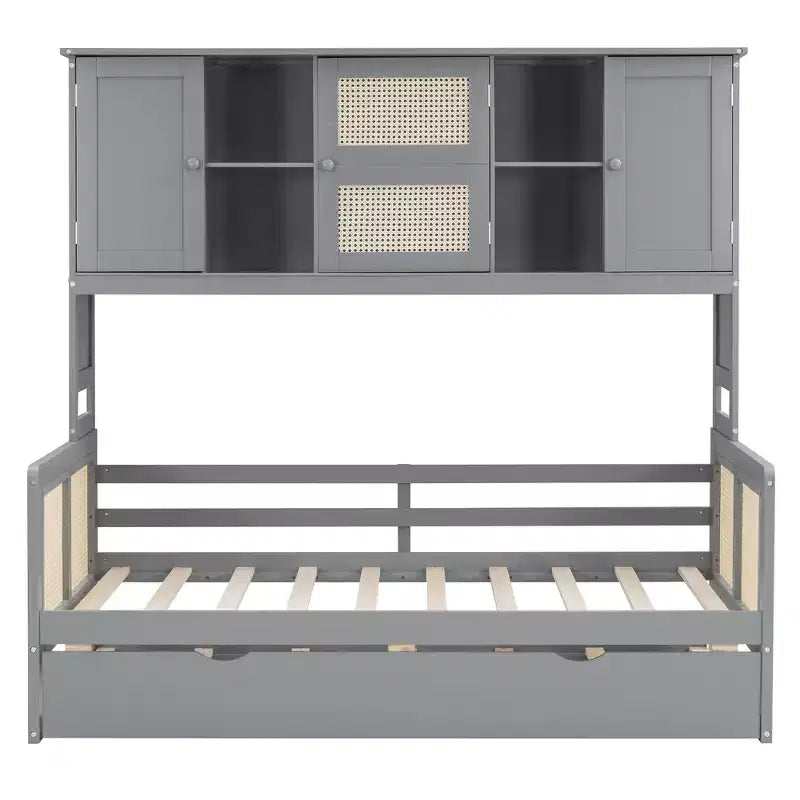 Lit de repos en bois double/complet avec lit gigogne, armoire de rangement intégrée et étagères, cadre de lit multifonctionnel pour enfants et invités, blanc/gris