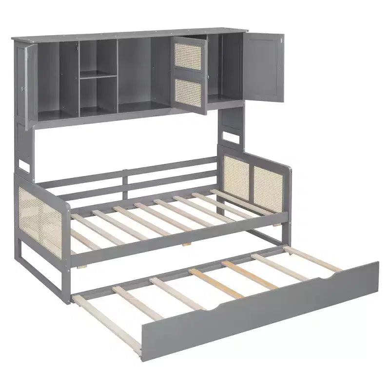 Lit de repos en bois double/complet avec lit gigogne, armoire de rangement intégrée et étagères, cadre de lit multifonctionnel pour enfants et invités, blanc/gris