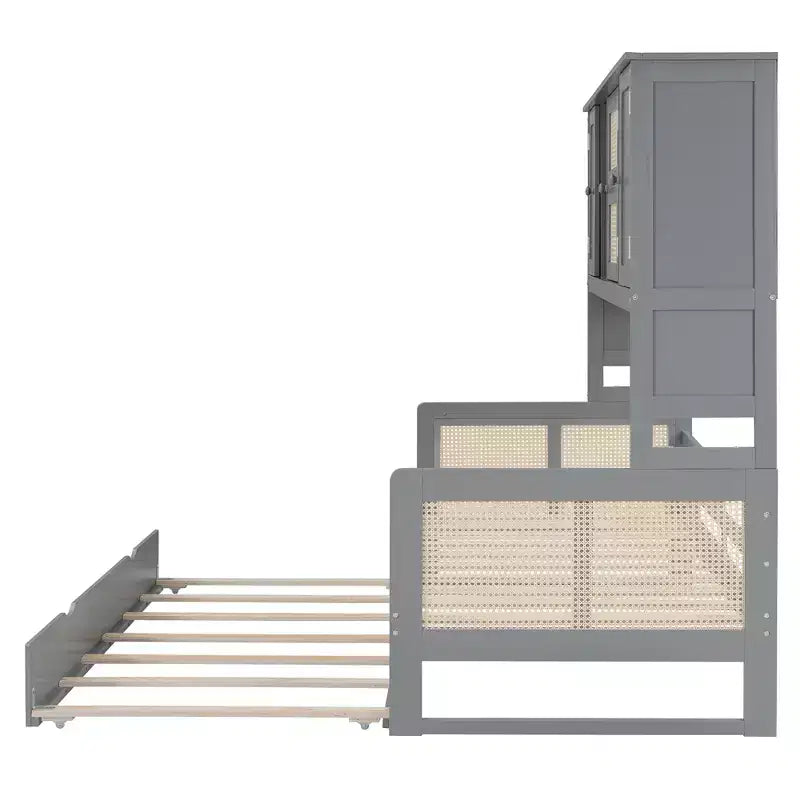 Lit de repos en bois double/complet avec lit gigogne, armoire de rangement intégrée et étagères, cadre de lit multifonctionnel pour enfants et invités, blanc/gris
