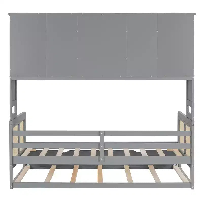 Lit de repos en bois double/complet avec lit gigogne, armoire de rangement intégrée et étagères, cadre de lit multifonctionnel pour enfants et invités, blanc/gris