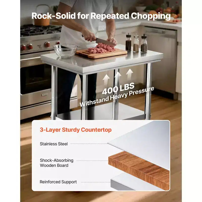 Table en acier inoxydable, 24 x 30 pouces, table de préparation alimentaire avec roues, table de préparation de cuisine avec étagères inférieures réglables, argent