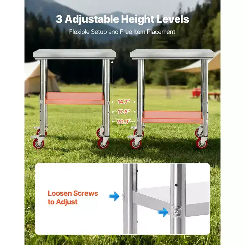 Table en acier inoxydable, 24 x 30 pouces, table de préparation alimentaire avec roues, table de préparation de cuisine avec étagères inférieures réglables, argent