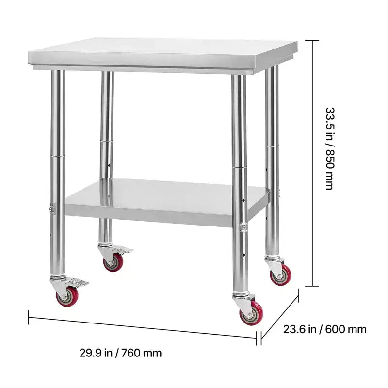 Table en acier inoxydable, 24 x 30 pouces, table de préparation alimentaire avec roues, table de préparation de cuisine avec étagères inférieures réglables, argent