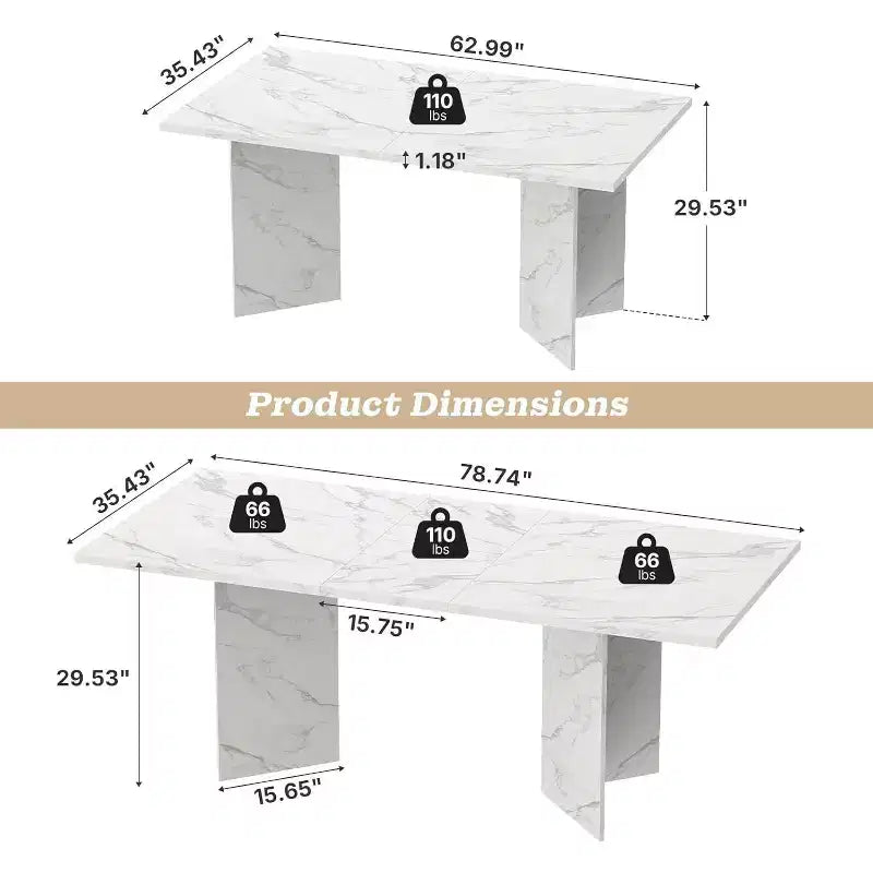 Table à manger extensible de 63 à 78,7 po, design campagnard en bois avec rail de glissement fluide et base robuste, polyvalente pour cuisine, salon, blanc