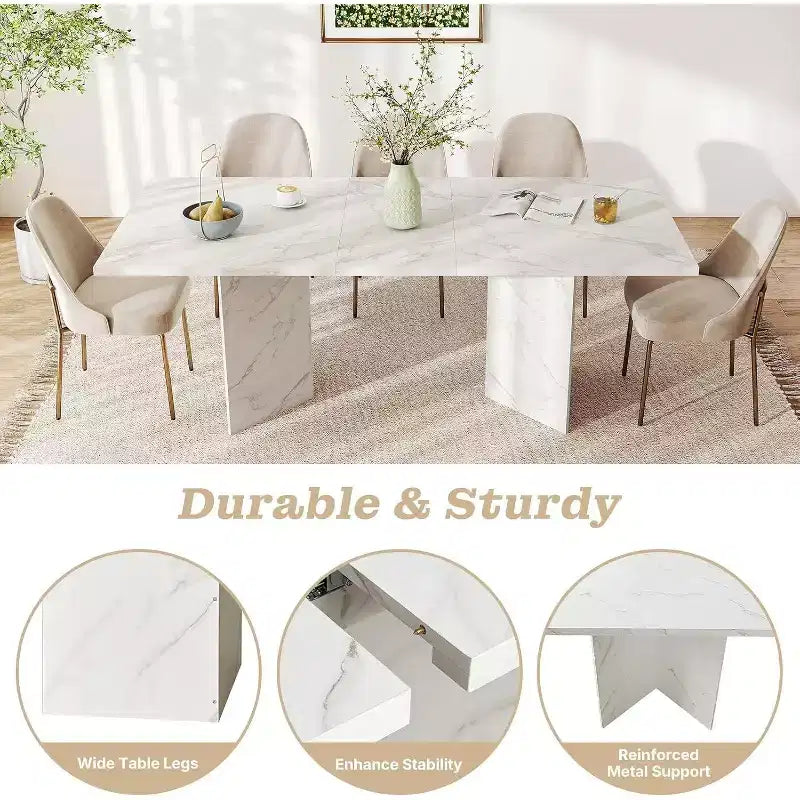 Table à manger extensible de 63 à 78,7 po, design campagnard en bois avec rail de glissement fluide et base robuste, polyvalente pour cuisine, salon, blanc