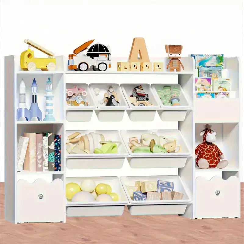 Étagère à Livres 4-en-1 pour Enfants avec Bacs de Rangement et Tiroirs Roulants Organisateur de Jouets Montessori pour Salle de Jeux et Chambre
