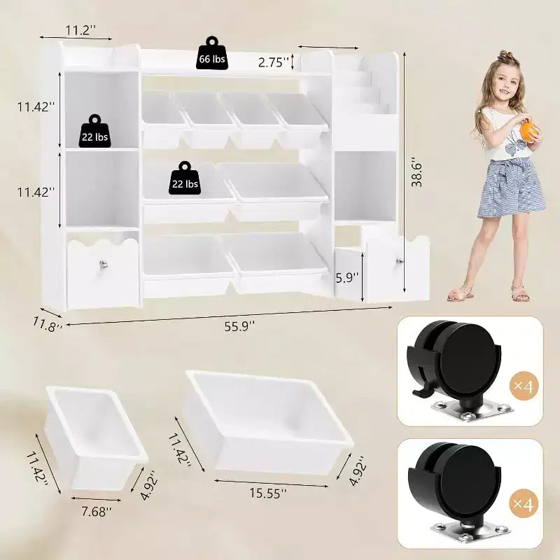 Étagère à Livres 4-en-1 pour Enfants avec Bacs de Rangement et Tiroirs Roulants Organisateur de Jouets Montessori pour Salle de Jeux et Chambre
