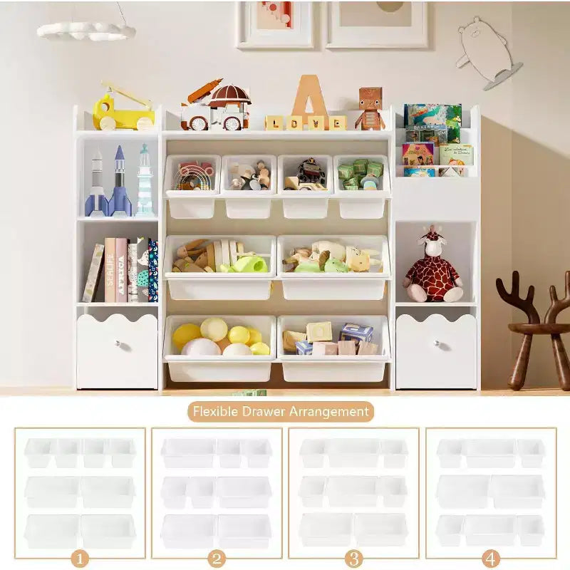 Étagère à Livres 4-en-1 pour Enfants avec Bacs de Rangement et Tiroirs Roulants Organisateur de Jouets Montessori pour Salle de Jeux et Chambre