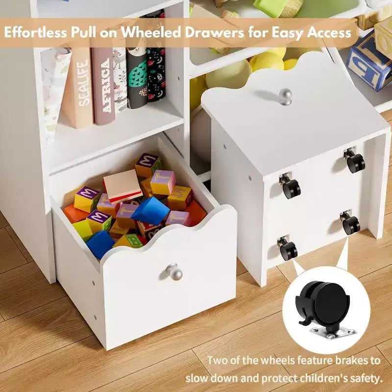 Étagère à Livres 4-en-1 pour Enfants avec Bacs de Rangement et Tiroirs Roulants Organisateur de Jouets Montessori pour Salle de Jeux et Chambre