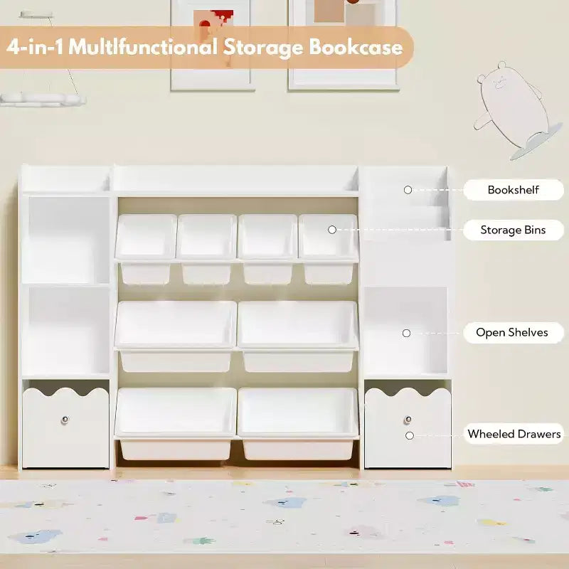 Étagère à Livres 4-en-1 pour Enfants avec Bacs de Rangement et Tiroirs Roulants Organisateur de Jouets Montessori pour Salle de Jeux et Chambre