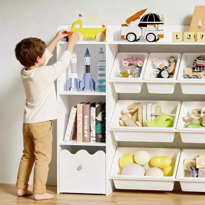 Étagère à Livres 4-en-1 pour Enfants avec Bacs de Rangement et Tiroirs Roulants Organisateur de Jouets Montessori pour Salle de Jeux et Chambre