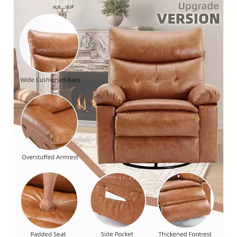 Fauteuil inclinable pivotant à bascule en cuir PU de 21,26 pouces, base ronde pivotante à 360°, fonction massage et chauffage, fauteuil individuel pour salon