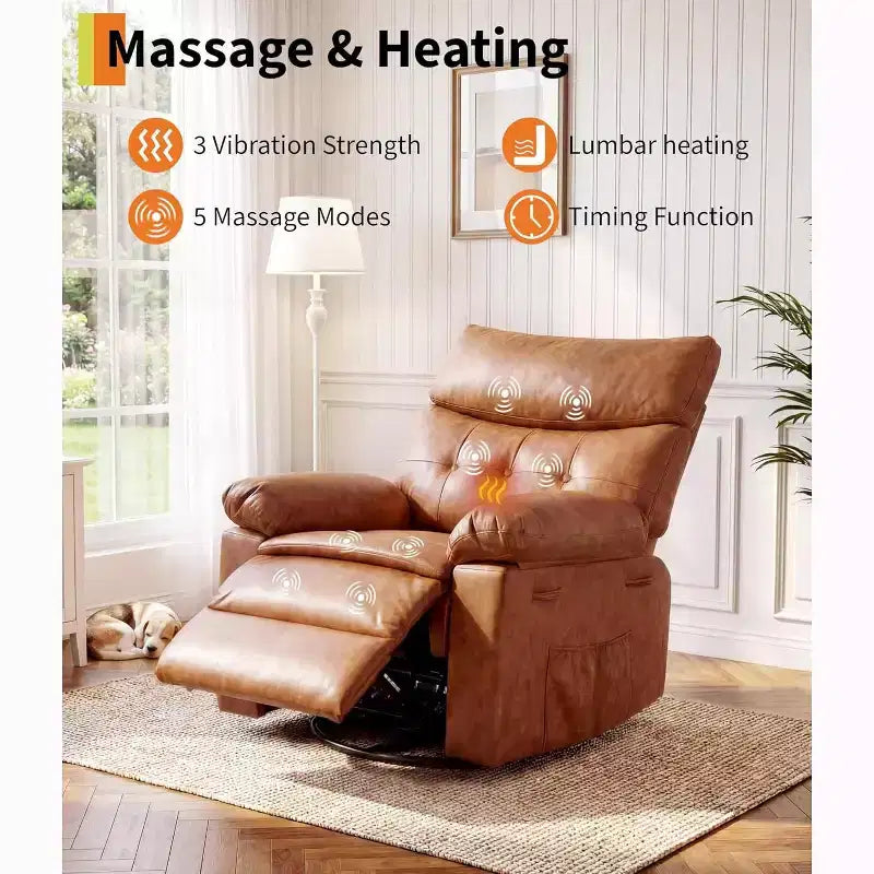 Fauteuil inclinable pivotant à bascule en cuir PU de 21,26 pouces, base ronde pivotante à 360°, fonction massage et chauffage, fauteuil individuel pour salon