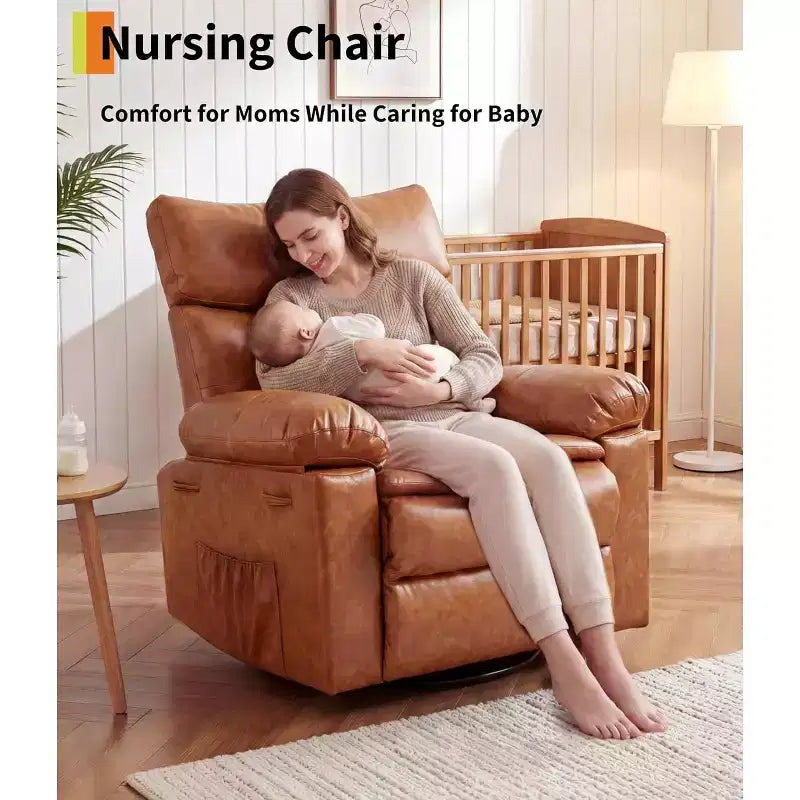 Fauteuil inclinable pivotant à bascule en cuir PU de 21,26 pouces, base ronde pivotante à 360°, fonction massage et chauffage, fauteuil individuel pour salon