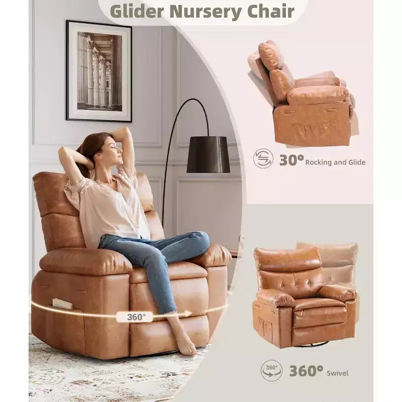 Fauteuil inclinable pivotant à bascule en cuir PU de 21,26 pouces, base ronde pivotante à 360°, fonction massage et chauffage, fauteuil individuel pour salon
