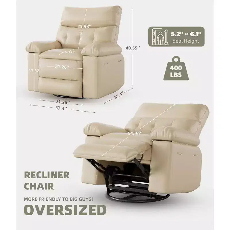 Fauteuil inclinable pivotant à bascule en cuir PU de 21,26 pouces, base ronde pivotante à 360°, fonction massage et chauffage, fauteuil individuel pour salon
