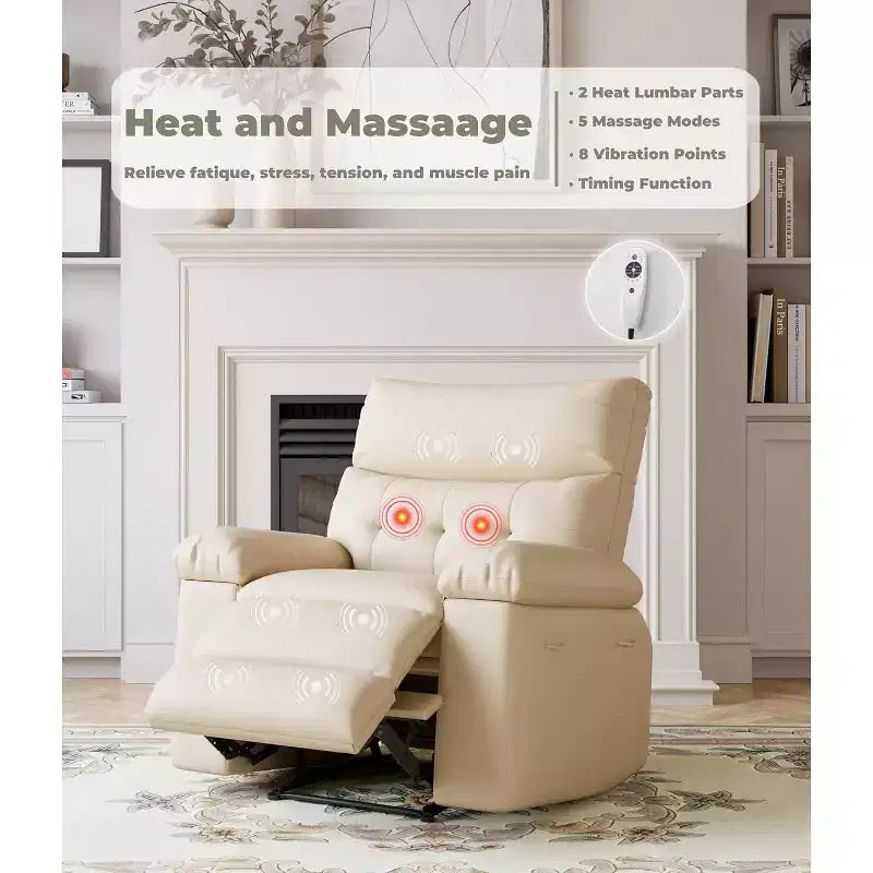 Fauteuil inclinable pivotant à bascule en cuir PU de 21,26 pouces, base ronde pivotante à 360°, fonction massage et chauffage, fauteuil individuel pour salon