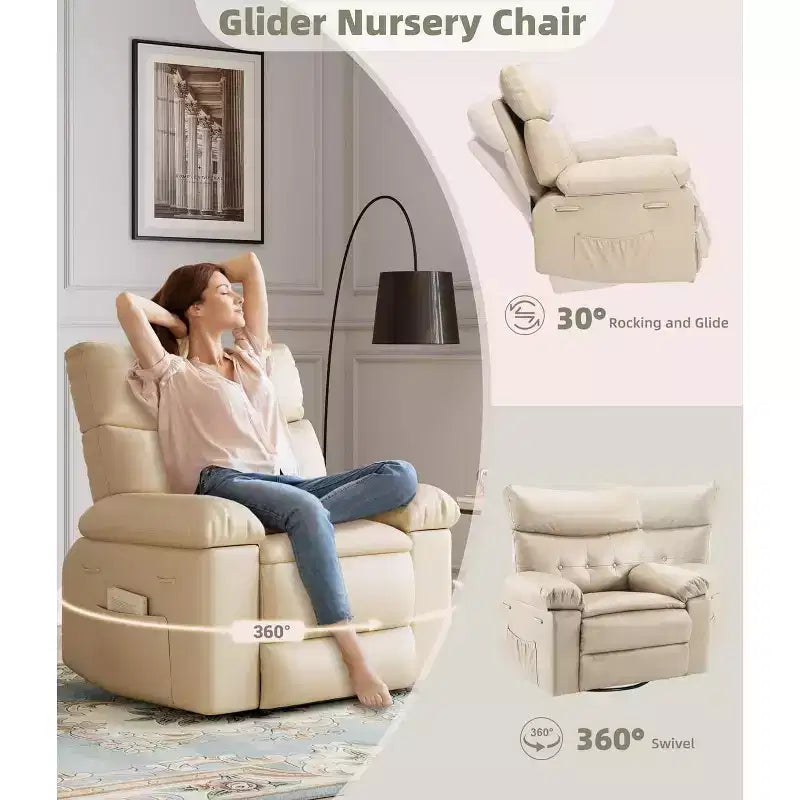 Fauteuil inclinable pivotant à bascule en cuir PU de 21,26 pouces, base ronde pivotante à 360°, fonction massage et chauffage, fauteuil individuel pour salon