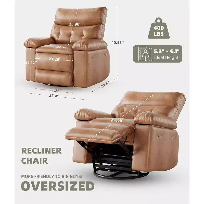 Fauteuil inclinable pivotant à bascule en cuir PU de 21,26 pouces, base ronde pivotante à 360°, fonction massage et chauffage, fauteuil individuel pour salon