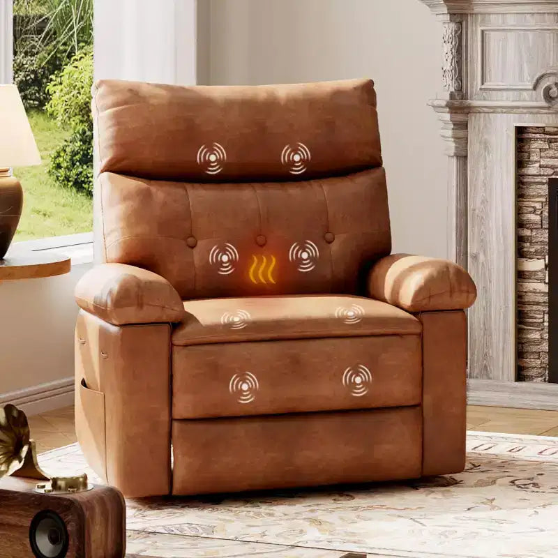 Fauteuil inclinable pivotant à bascule en cuir PU de 21,26 pouces, base ronde pivotante à 360°, fonction massage et chauffage, fauteuil individuel pour salon