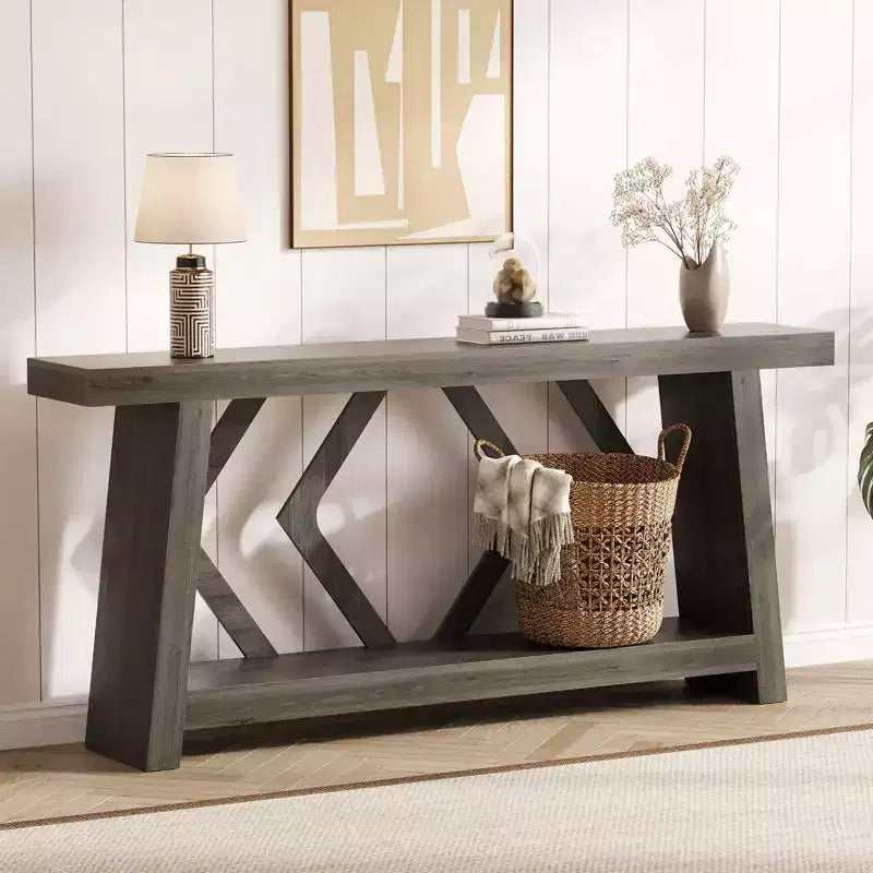 70.9 Table console entièrement en bois, table de canapé étroite extra longue à 2 niveaux pour entrée, couloir, salon