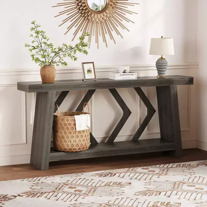 70.9 Table console entièrement en bois, table de canapé étroite extra longue à 2 niveaux pour entrée, couloir, salon
