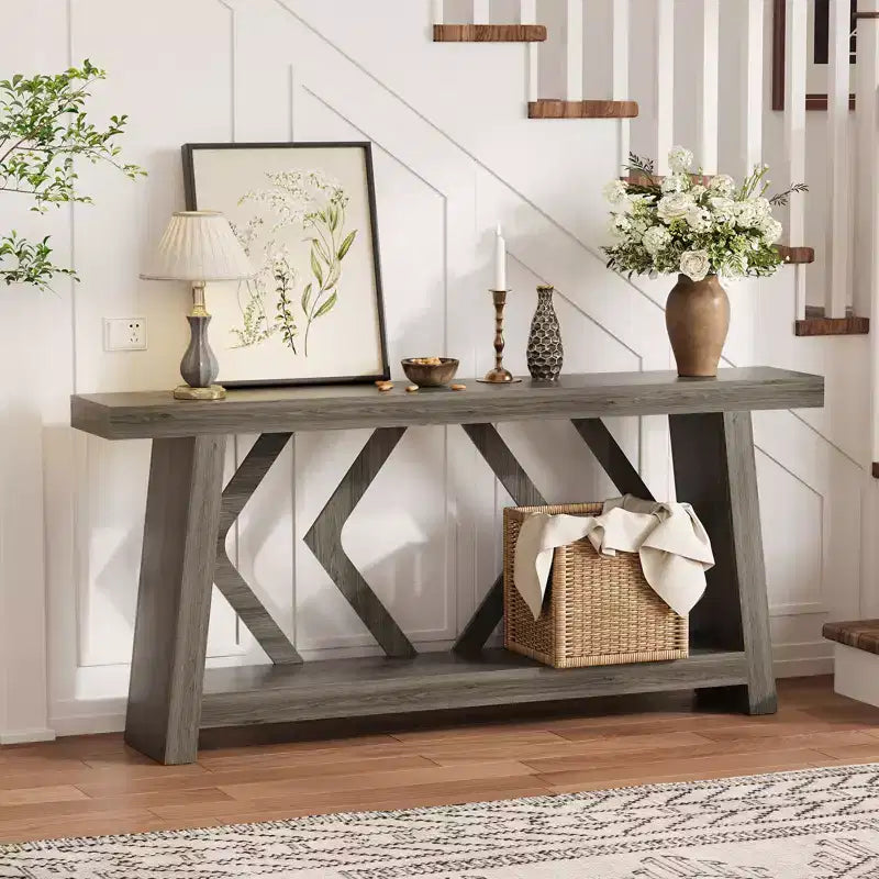 70.9 Table console entièrement en bois, table de canapé étroite extra longue à 2 niveaux pour entrée, couloir, salon