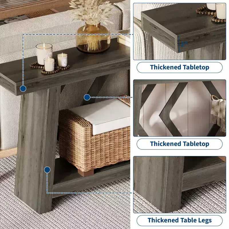 70.9 Table console entièrement en bois, table de canapé étroite extra longue à 2 niveaux pour entrée, couloir, salon