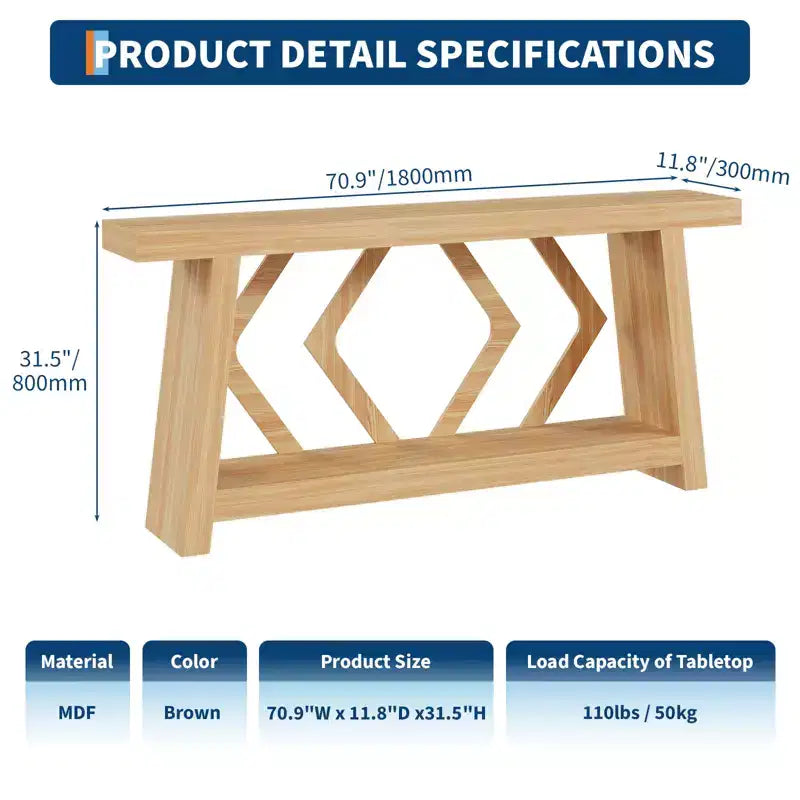 70.9 Table console entièrement en bois, table de canapé étroite extra longue à 2 niveaux pour entrée, couloir, salon