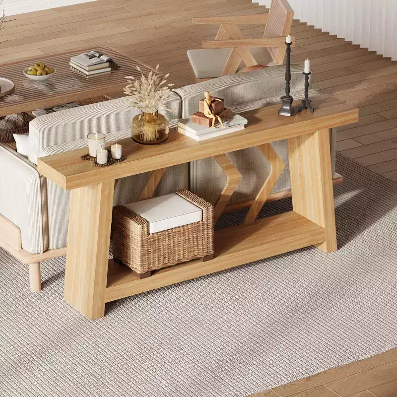 70.9 Table console entièrement en bois, table de canapé étroite extra longue à 2 niveaux pour entrée, couloir, salon