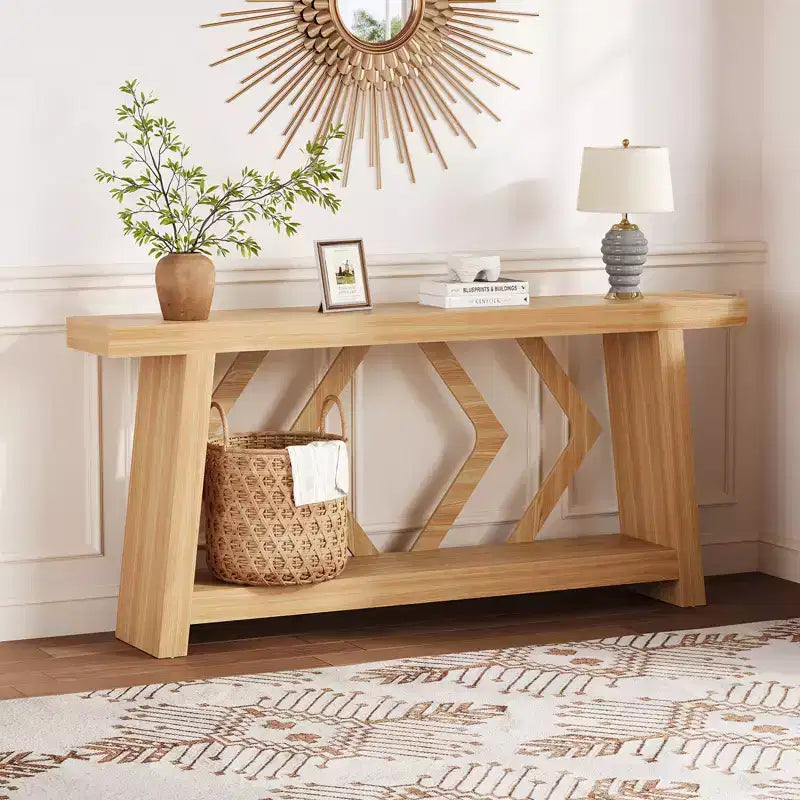 70.9 Table console entièrement en bois, table de canapé étroite extra longue à 2 niveaux pour entrée, couloir, salon