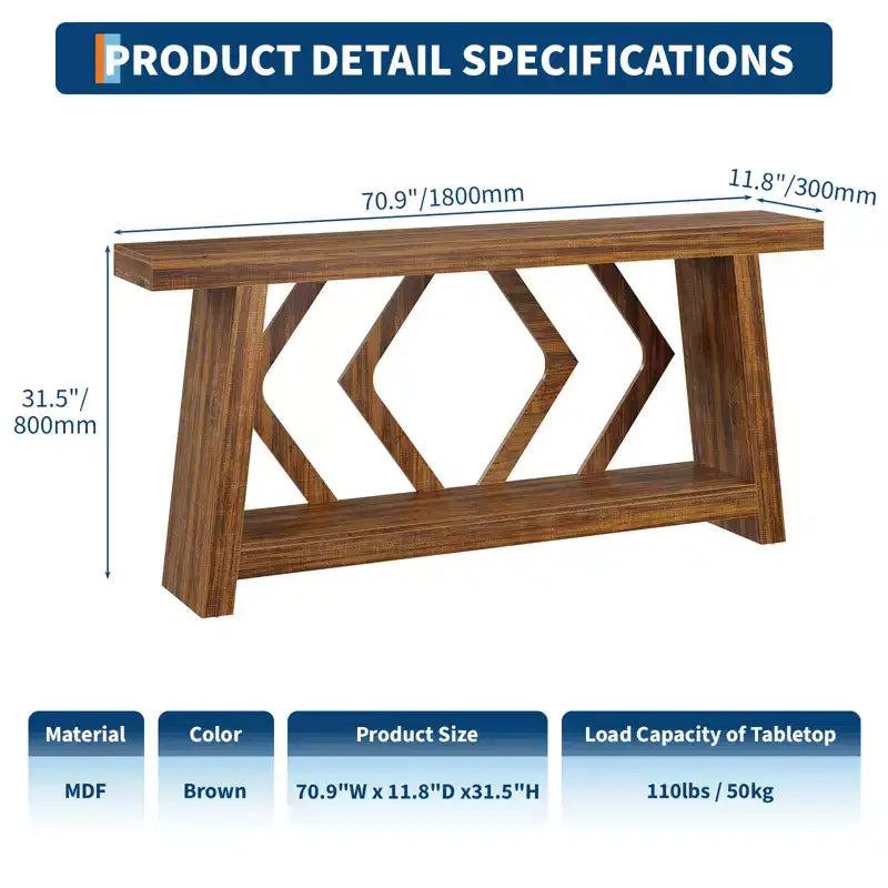 70.9 Table console entièrement en bois, table de canapé étroite extra longue à 2 niveaux pour entrée, couloir, salon