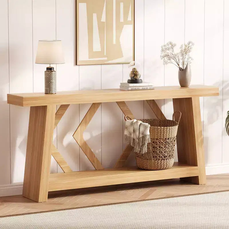 70.9 Table console entièrement en bois, table de canapé étroite extra longue à 2 niveaux pour entrée, couloir, salon