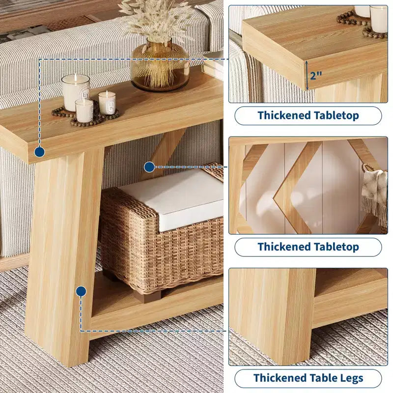 70.9 Table console entièrement en bois, table de canapé étroite extra longue à 2 niveaux pour entrée, couloir, salon