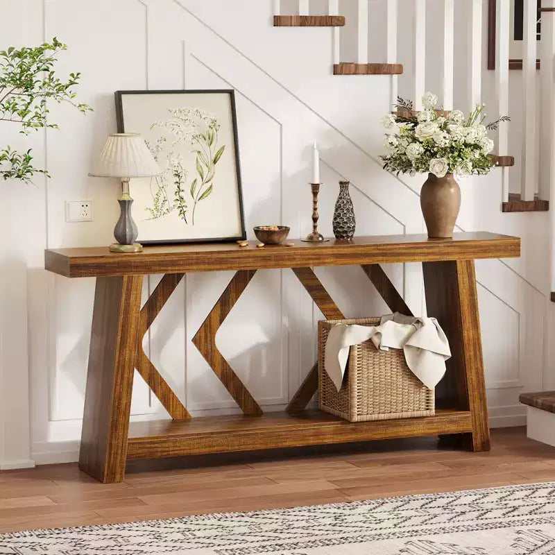 70.9 Table console entièrement en bois, table de canapé étroite extra longue à 2 niveaux pour entrée, couloir, salon