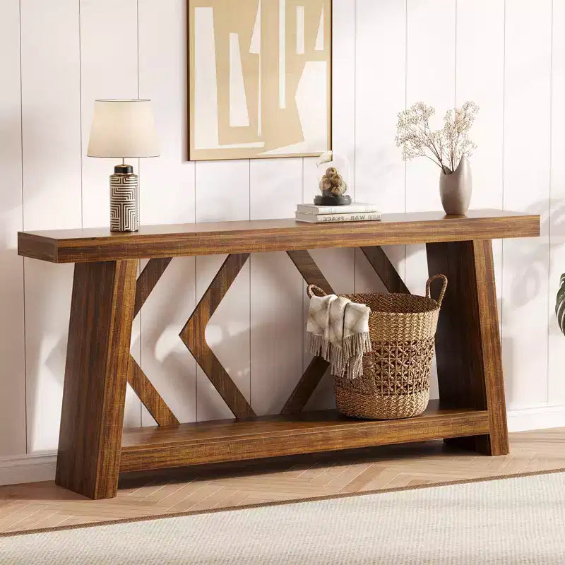 70.9 Table console entièrement en bois, table de canapé étroite extra longue à 2 niveaux pour entrée, couloir, salon