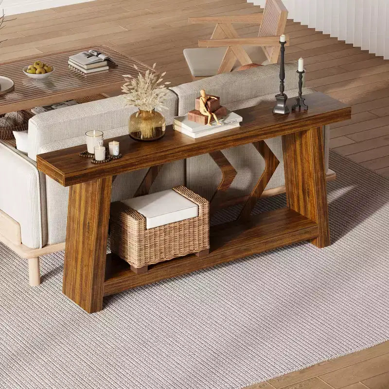 70.9 Table console entièrement en bois, table de canapé étroite extra longue à 2 niveaux pour entrée, couloir, salon