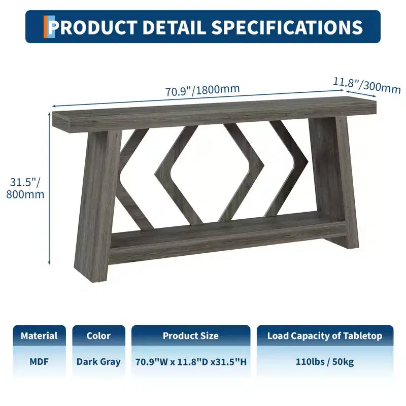 70.9 Table console entièrement en bois, table de canapé étroite extra longue à 2 niveaux pour entrée, couloir, salon