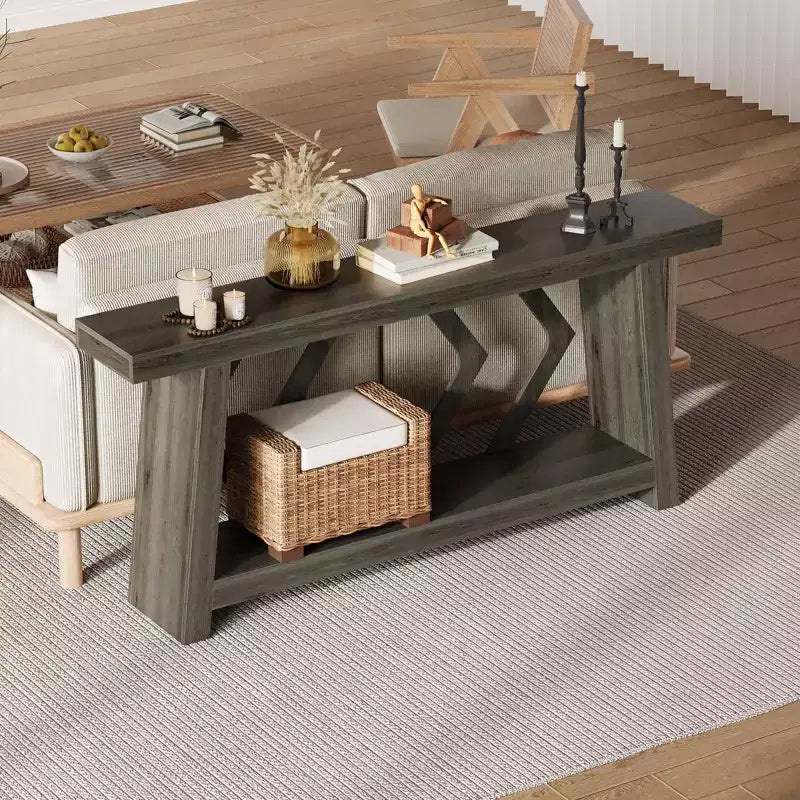 70.9 Table console entièrement en bois, table de canapé étroite extra longue à 2 niveaux pour entrée, couloir, salon
