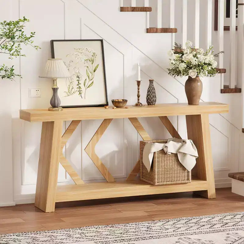 70.9 Table console entièrement en bois, table de canapé étroite extra longue à 2 niveaux pour entrée, couloir, salon