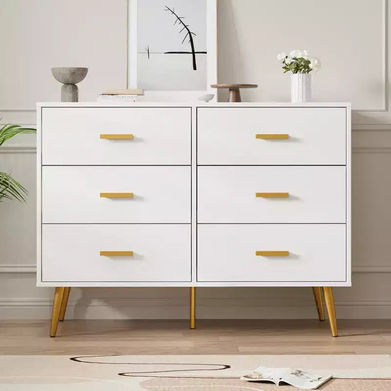 Commode moderne en bois à 6 tiroirs avec poignées dorées pour chambre à coucher ou salon