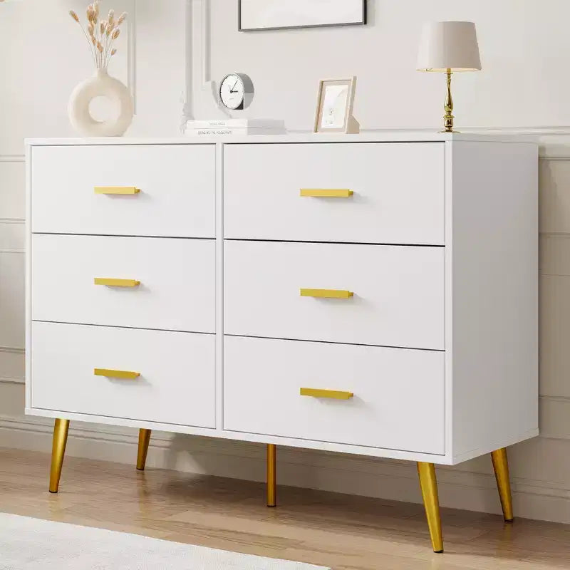 Commode moderne en bois à 6 tiroirs avec poignées dorées pour chambre à coucher ou salon