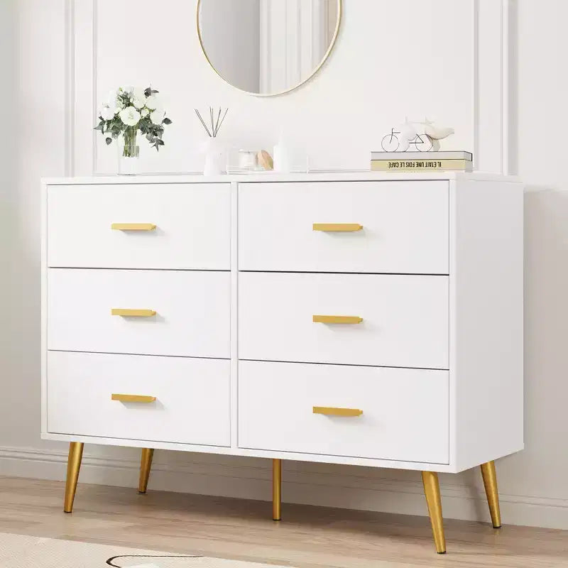 Commode moderne en bois à 6 tiroirs avec poignées dorées pour chambre à coucher ou salon