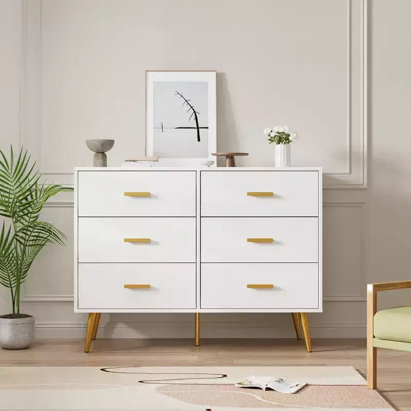 Commode moderne en bois à 6 tiroirs avec poignées dorées pour chambre à coucher ou salon
